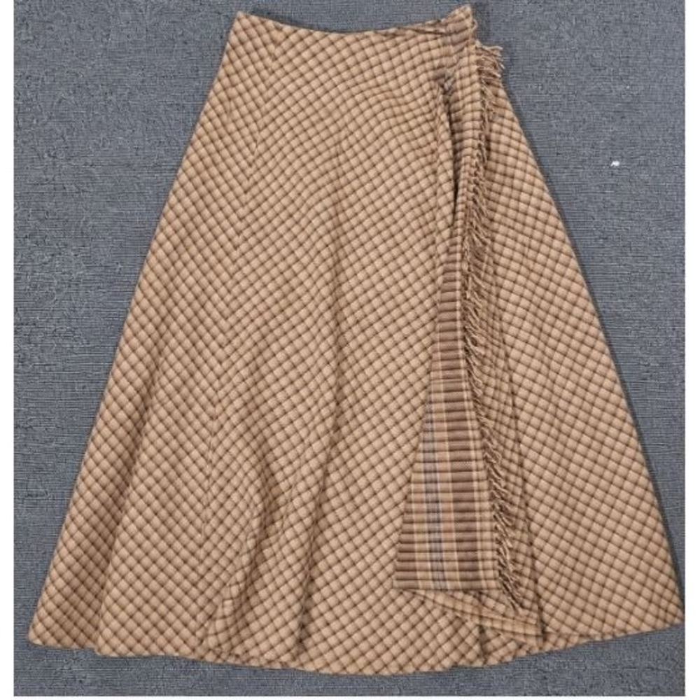 Lizwear Size 6 Wrap Skirt Womens Brown Diamond Plaid Wool Blend Fringe Trim